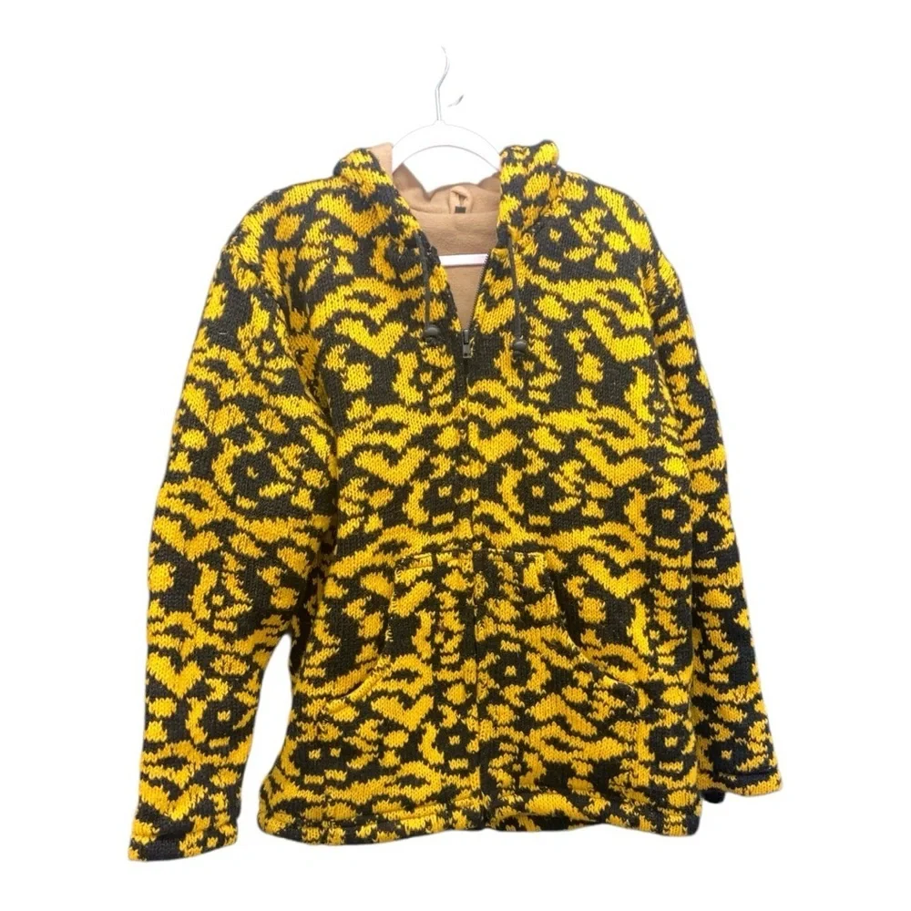 Yellow and Black Patterned Jacket with hoodie 100 % Wool UNIQUE - Picture 2 of 13